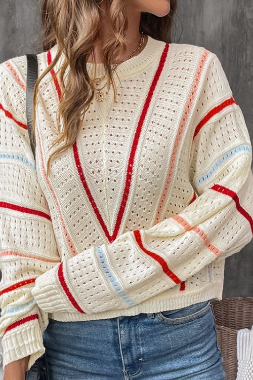 Autumn Winter Colorful Striped Round Neck Sweater