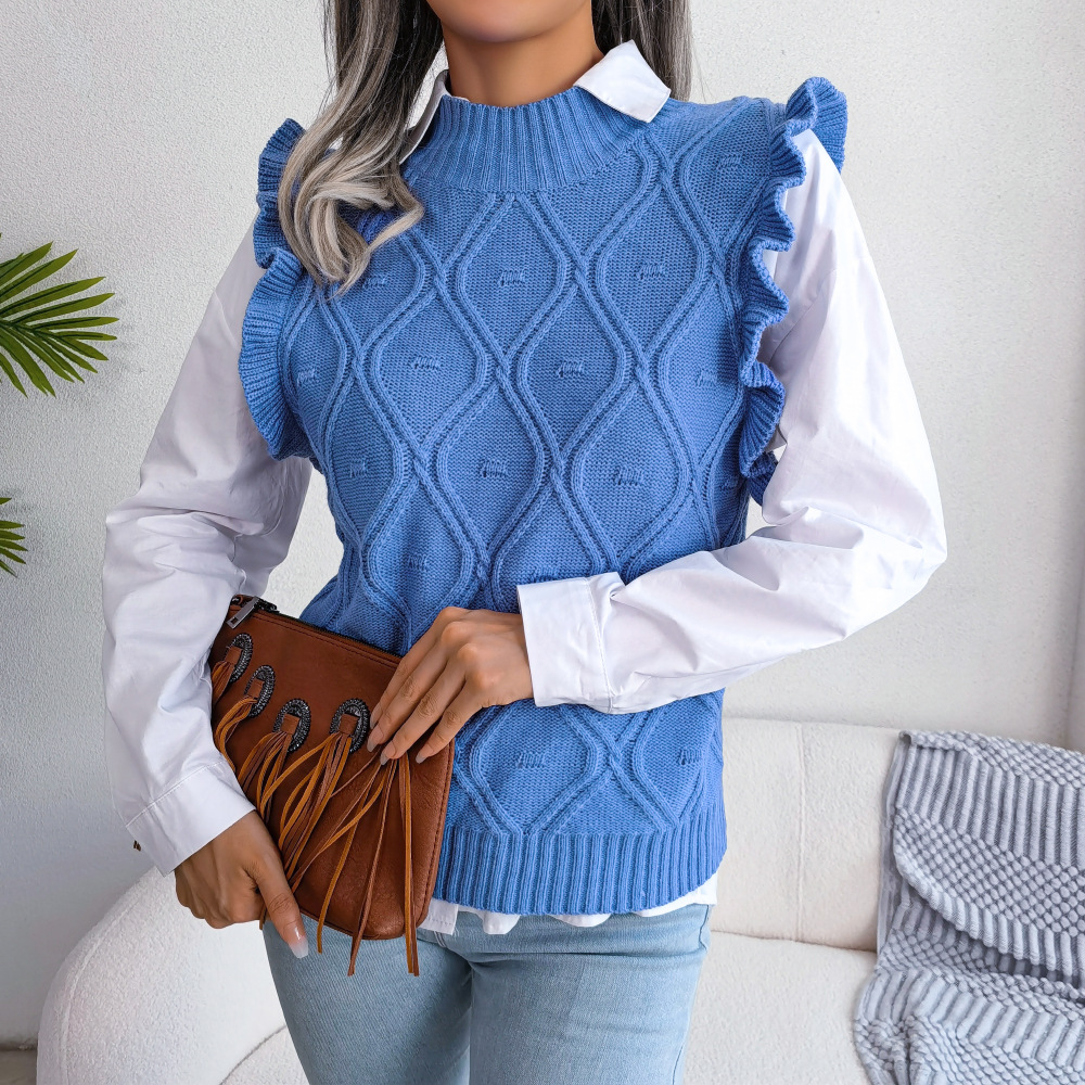 Women’s Autumn Winter Wooden Ear Diamond Knitted Vest Sweater