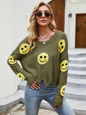 Ripped Smiley Face V-Neck Sweater