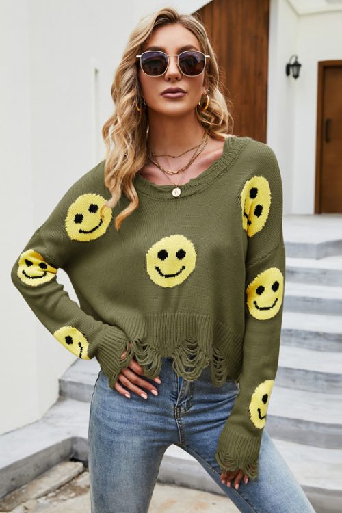 Ripped Smiley Face V-Neck Sweater