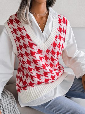 Women’s V-Neck Houndstooth Vest...