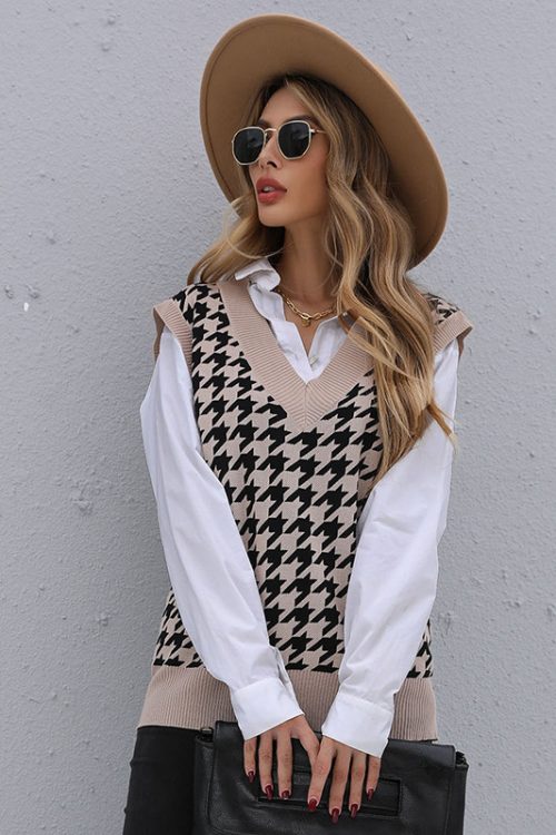 Women’s Early Autumn Mid-Length Houndstooth Sweater Vest