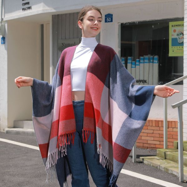 Women's Plaid Shawl: Autumn Winter Jacquard Tassel Slit Knitted Cape - Image 2