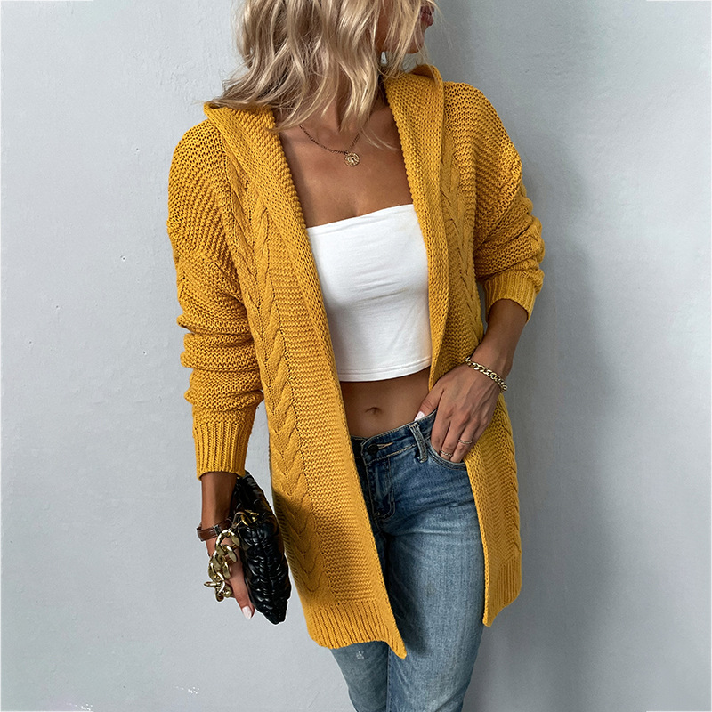 Solid Color Hooded Twist Knit Cardigan