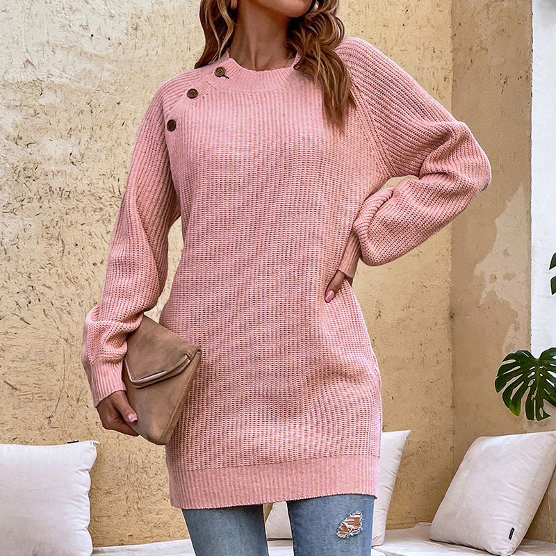 Solid Color Buttoned Lantern Sleeve Sweater Dress