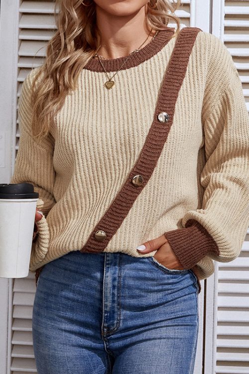 Contrast Color Buttoned Lantern Sleeve Sweater