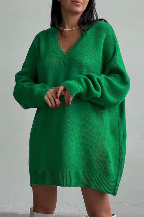 V-Neck Long Sleeve Knit Sweater Dress