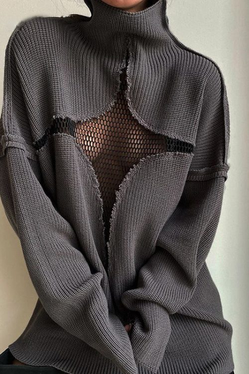 Autumn Winter High Collar Sweater: Hollow Out Mesh Patchwork Pullover