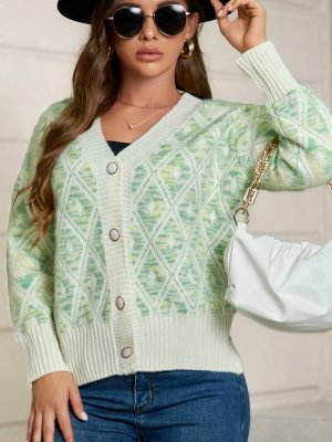 V-Neck Plaid Rhombus Jacquard Knitted Cardigan