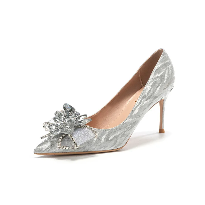 2024 Silver Glitter Crystal Bridal Pumps – Thin Heel Pointed Light Mouth Wedding & Bridesmaid Shoes