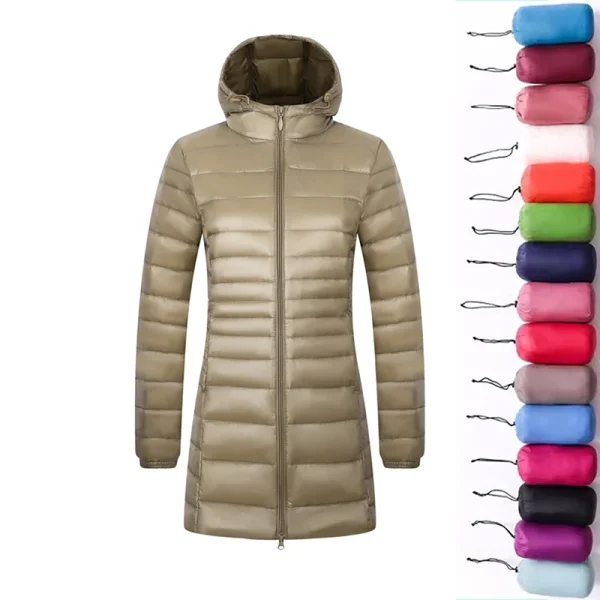 12-Color Women's Long Down Jacket - Warm, Lightweight, Hooded, with Portable Storage Bag