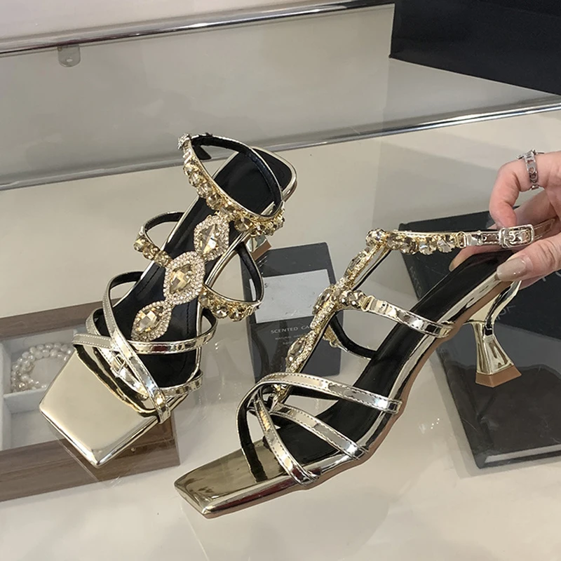 2024 Crystal Chain Ankle Strap Sandals – Sexy Square Toe Low Heels in Gold & Silver