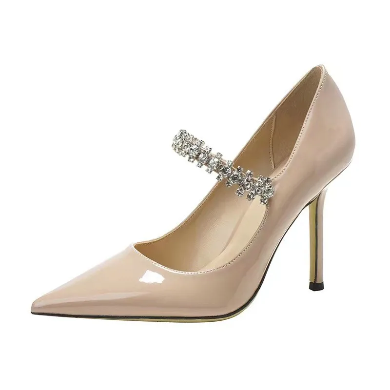 Summer 2024 Rhine-Diamond Pointy Heels – Patent Leather Mary Jane Wedding Pumps