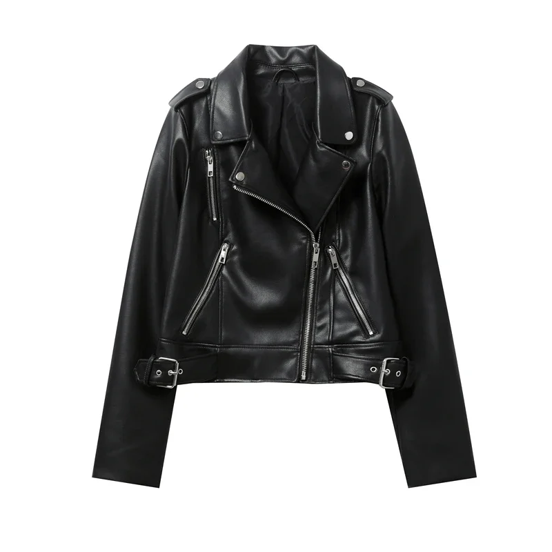 2024 Women’s Black Faux-Leather Jacket – Casual Zip-Up with Belt, Spring Cycling Style