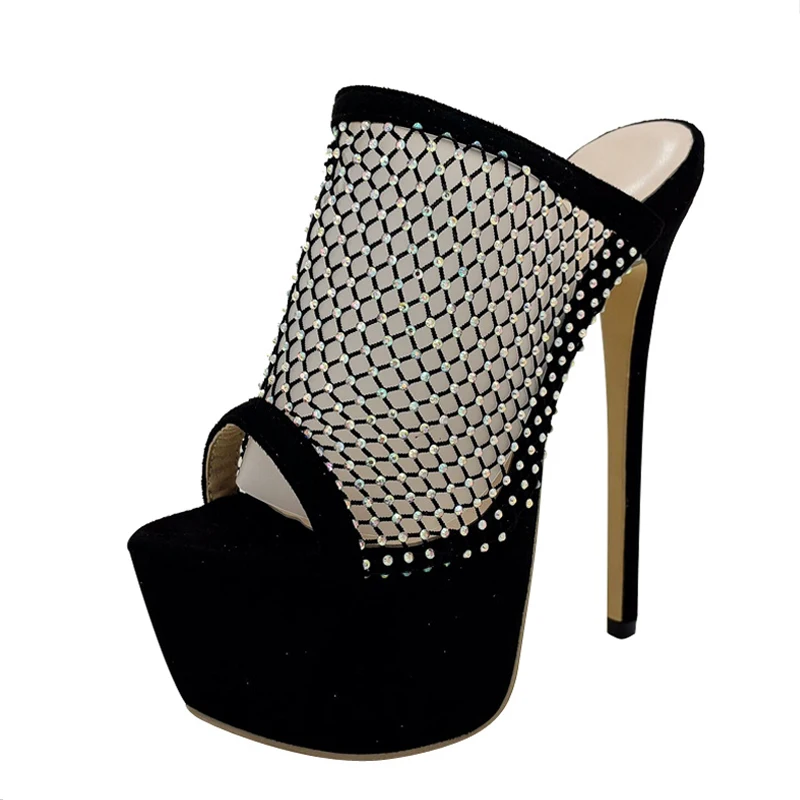 Summer Fashion Crystal Mesh Platform Slippers – Black Extreme High Heels with Peep Toe for Parties