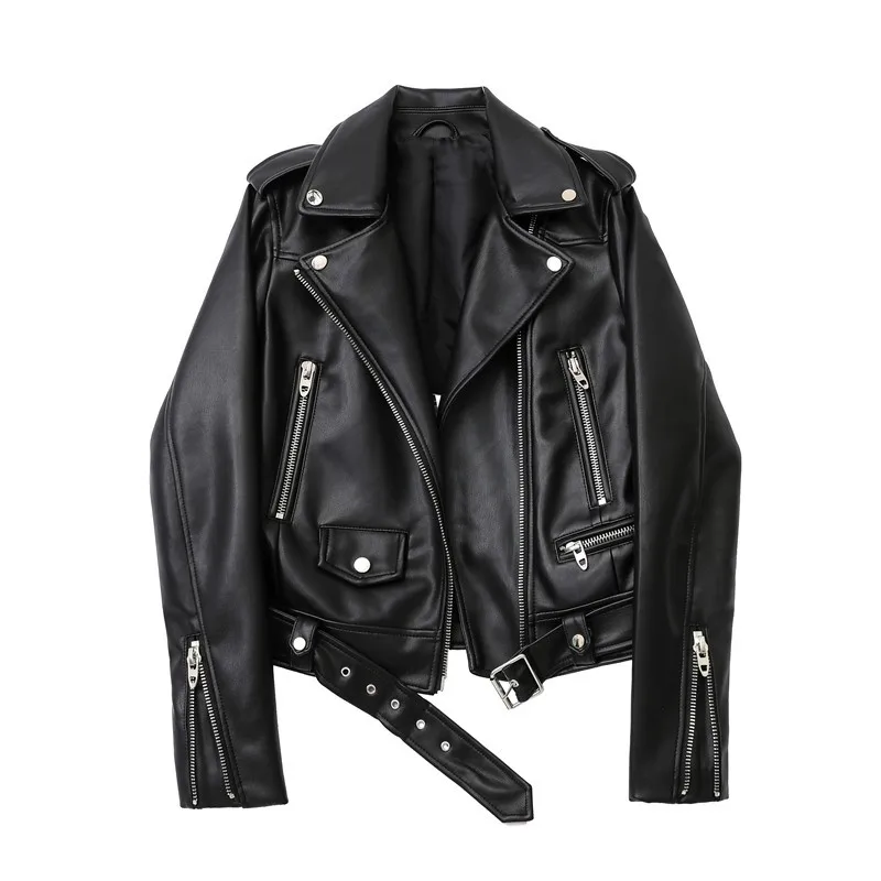 20234 Spring/Autumn Women’s Faux Leather Biker Jacket – Belted PU with Lapel, Black Zip