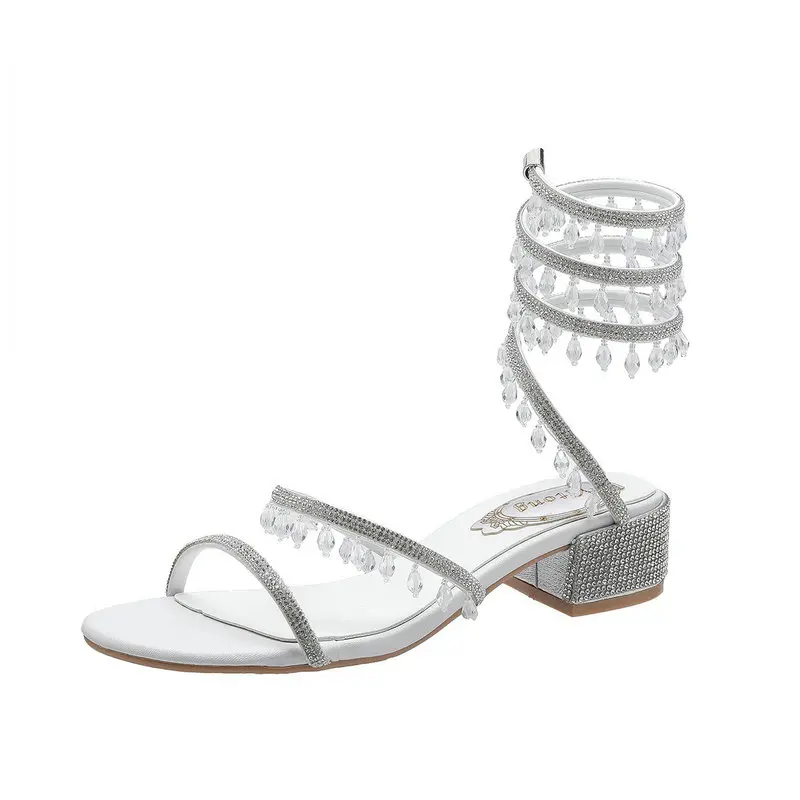 French Crystal Pendant Snake Wrap Rhinestone Chunky Summer Sandals