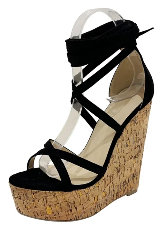 Black Lace-Up Wedge Sandals – W...