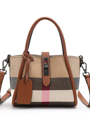 Brown Plaid Canvas & Cowhide Small Handbag for Women