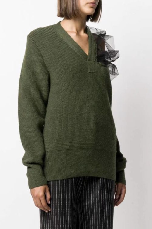 3D Mesh Stitching V-Neck Wool Pullover