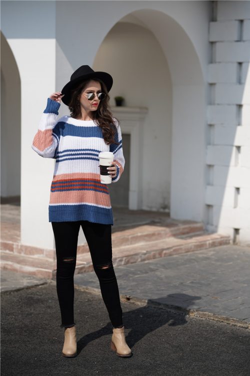 Rainbow Color Splicing Loose Knit Swe...