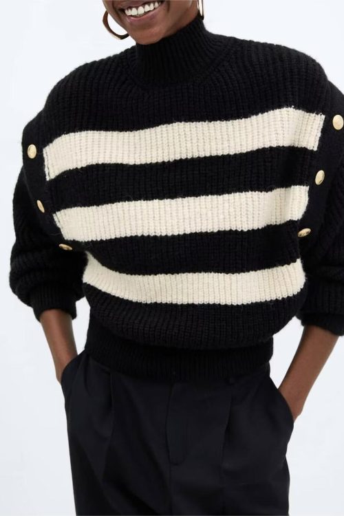 Stand Collar Buckle Striped Sweater