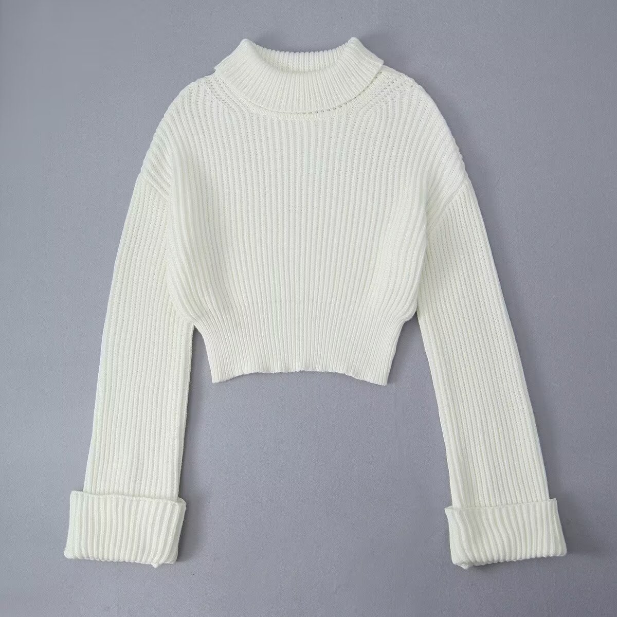 High Collar Ribbed Cropped Sweater – Solid Color Winter Knit for Women