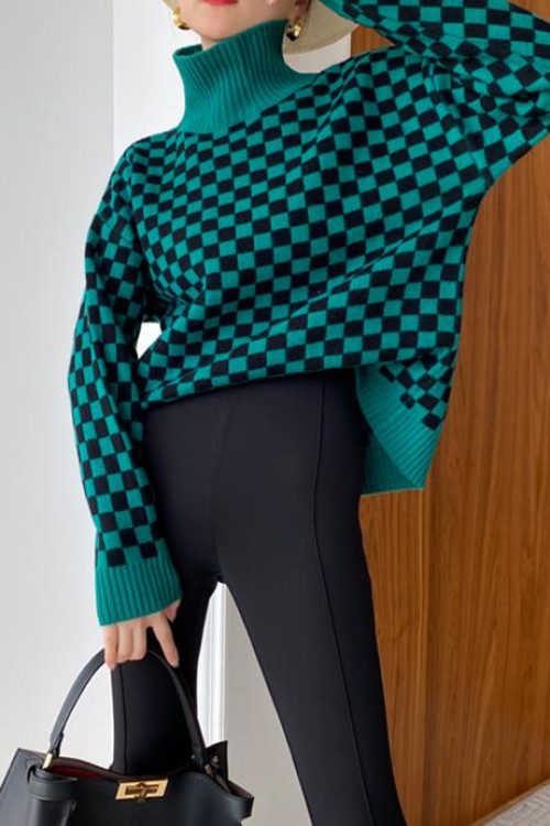 Chessboard Plaid Stand Collar Sweater