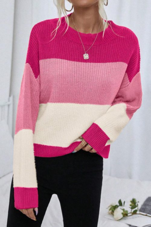 Loose Striped Contrast Color Pullover...