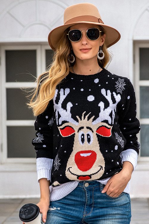 Loose Elk Jacquard Pullover Sweater