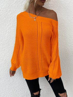 Off-Shoulder Hollowed Solid Color Pul...