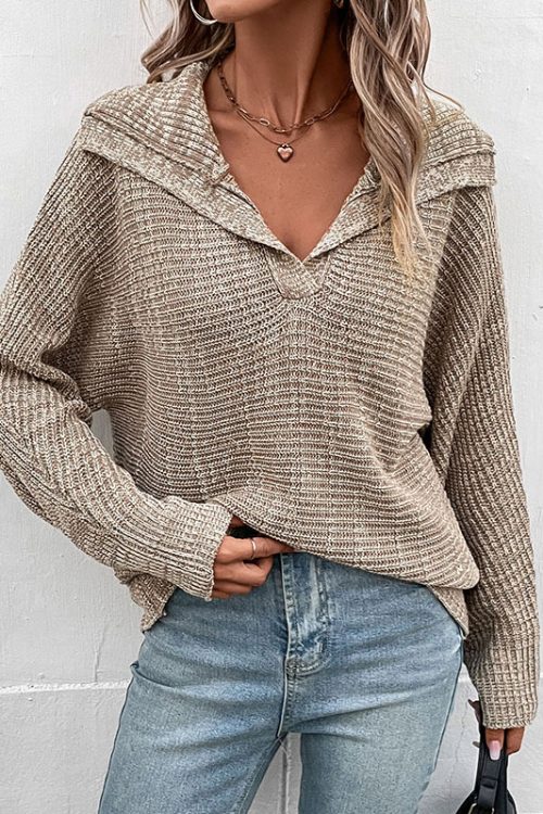 Solid Color Collared Long Sleeve Sweater for Women