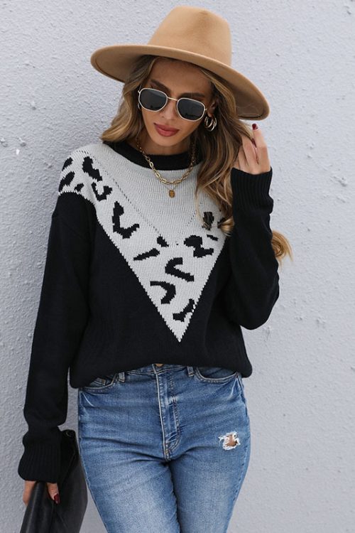 Lazy Leopard Print Contrast Color Sweater