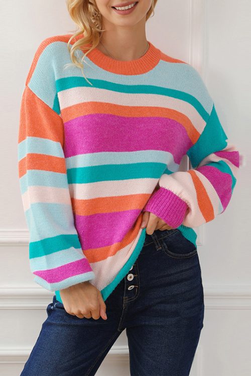 Mixed Color Stripe Round Neck Sweater...