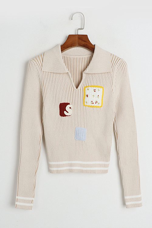 Embroidered Patch Slim Fit Sweater &#...