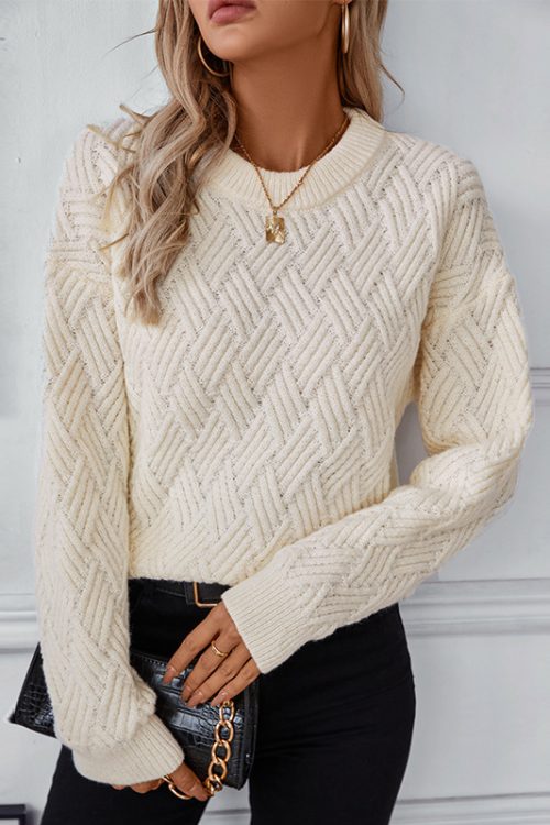 Solid Color Twist Weave Crew Neck Swe...