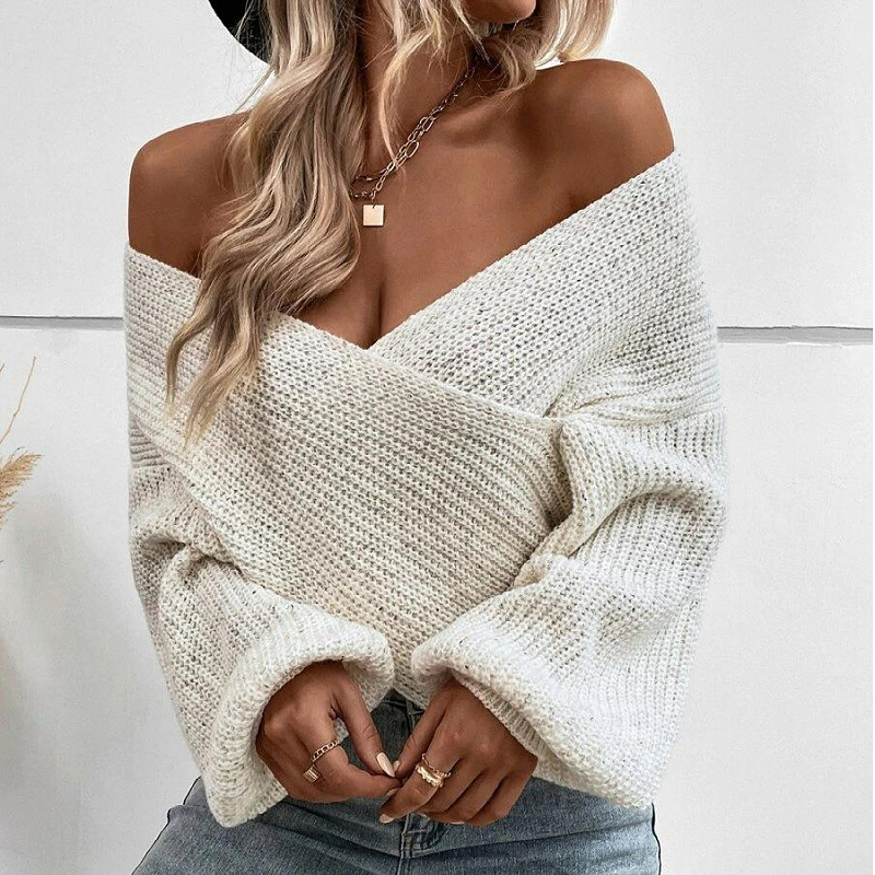 Elegant Cross V-Neck Pullover – Loose Fall Winter Sweater