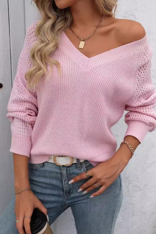 Hollow Out V-Neck Long Sleeve Sweater