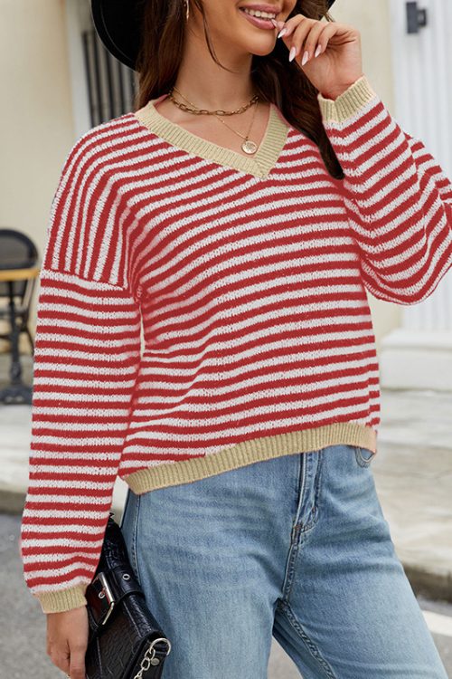 Women’s Striped Color Contrast V-Neck Sweater