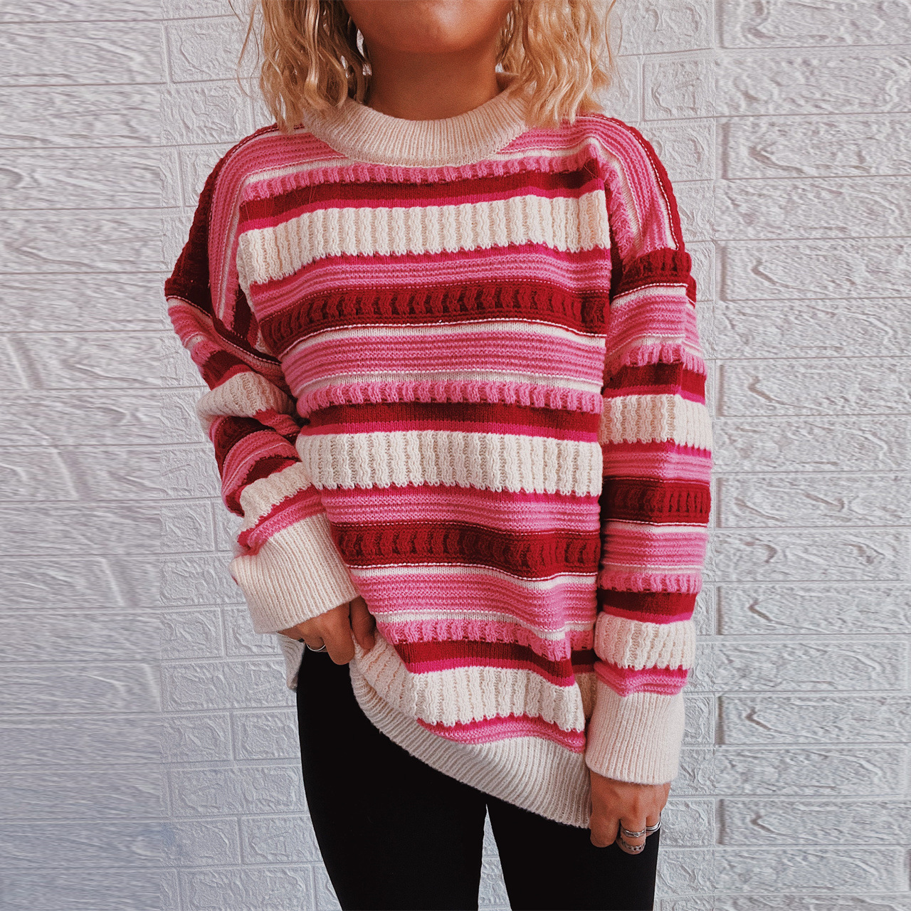 Contrast Striped Loose Knit Pullover