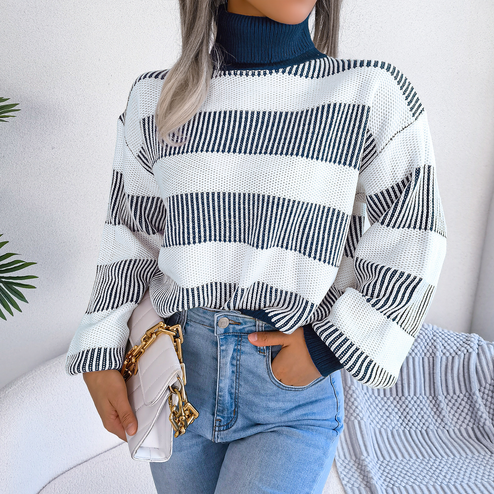 Striped Lantern Sleeve High Collar Sweater – Street Style Winter