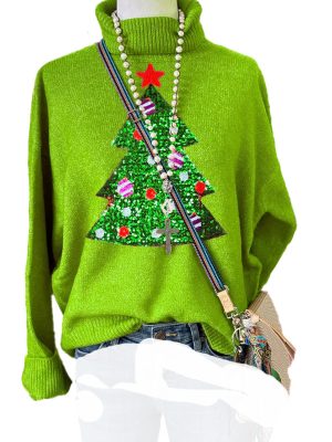 Sequined Christmas Tree Turtleneck Sw...