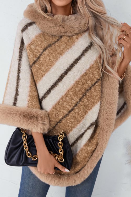 Women’s Striped Fur Collar Cape...