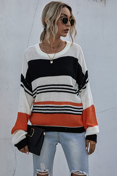 Loose Three-Color Patchwork Striped Sweater