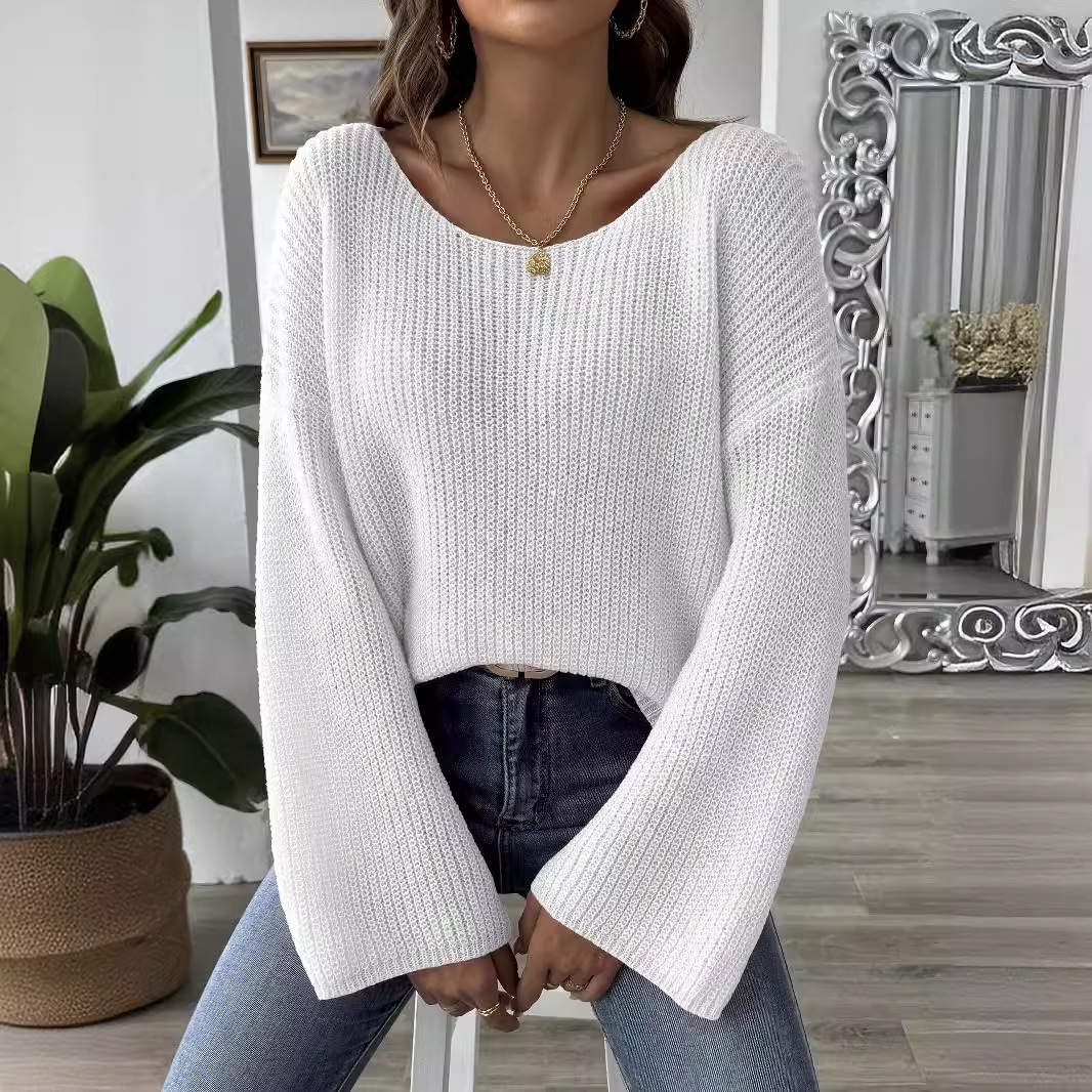 Off-Shoulder Flared Sleeve Pullover – Loose Sweater for Women