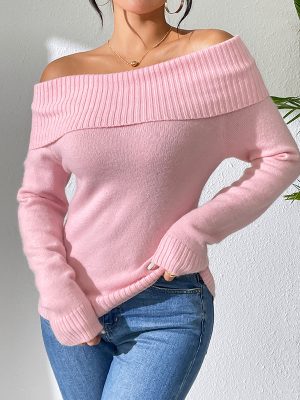 Slim Collared Off-Shoulder Knitted Sw...