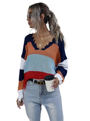 V-Neck Striped Stitching Sweater &#82...