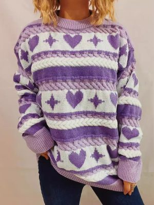 Cute Heart Striped Round Neck Pullover – Loose Long Sleeve Sweater