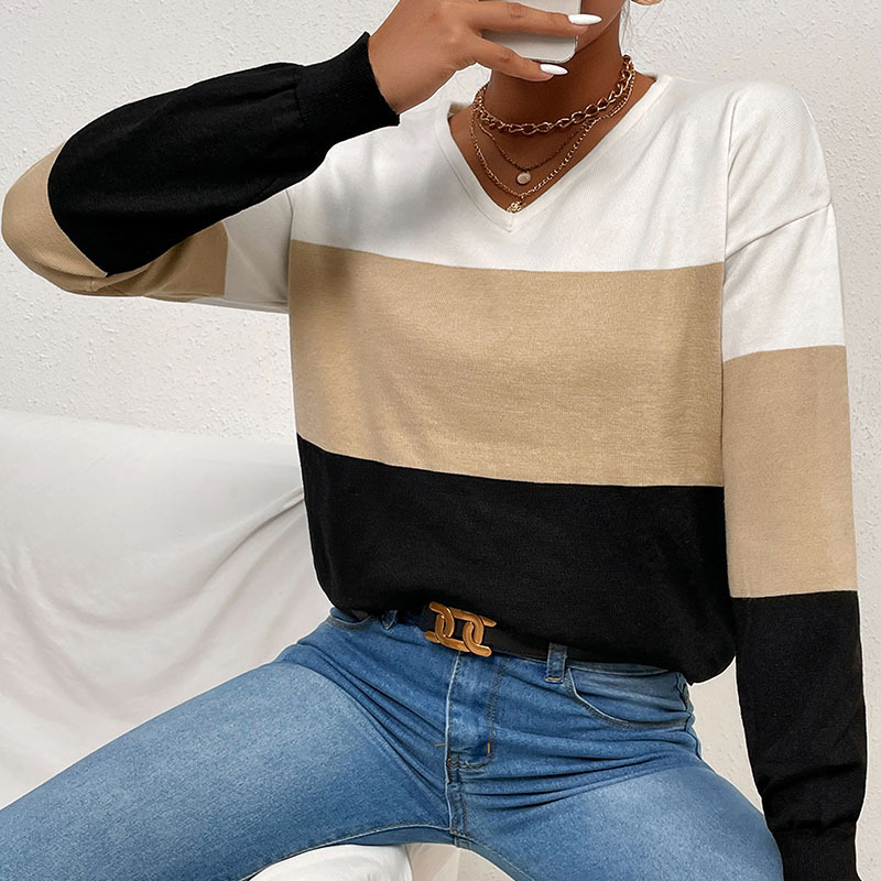 Autumn Winter Color Matching V-Neck Sweater