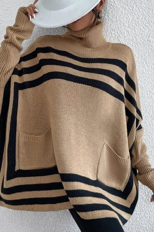 Striped Turtleneck Batwing Shawl Swea...